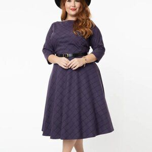 Unique Vintage Plus Size Purple & Black Plaid Devon Swing Dress - 1X/16